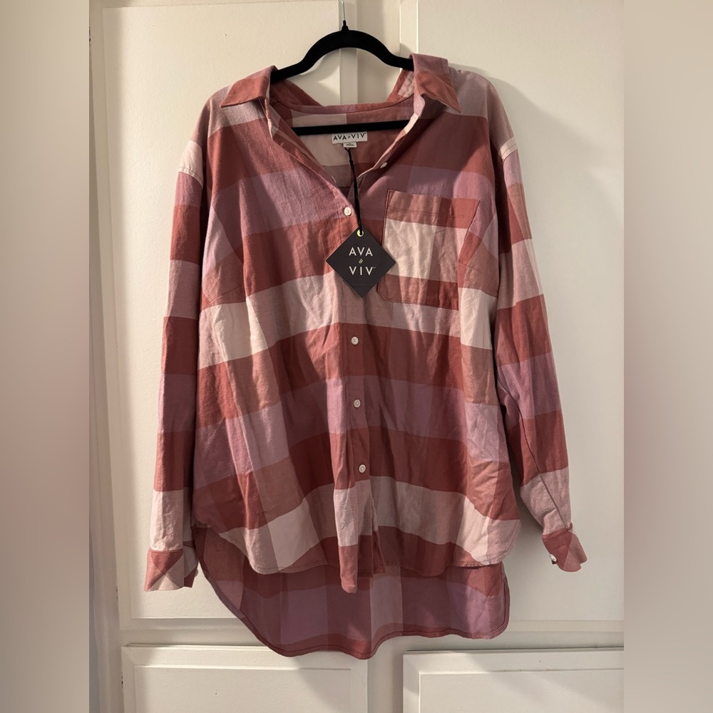 Ava & Viv Casual Plaid Shirt - Pink and White NWT